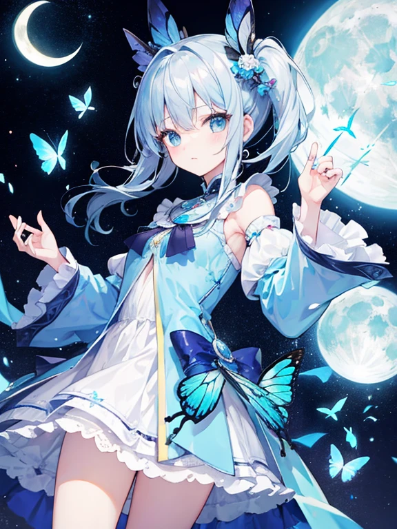 Light blue inner layer in hair、Gray hair on top、medium hair、cute、anime、beautiful girl、one piece、Mature、butterflies dance、moon