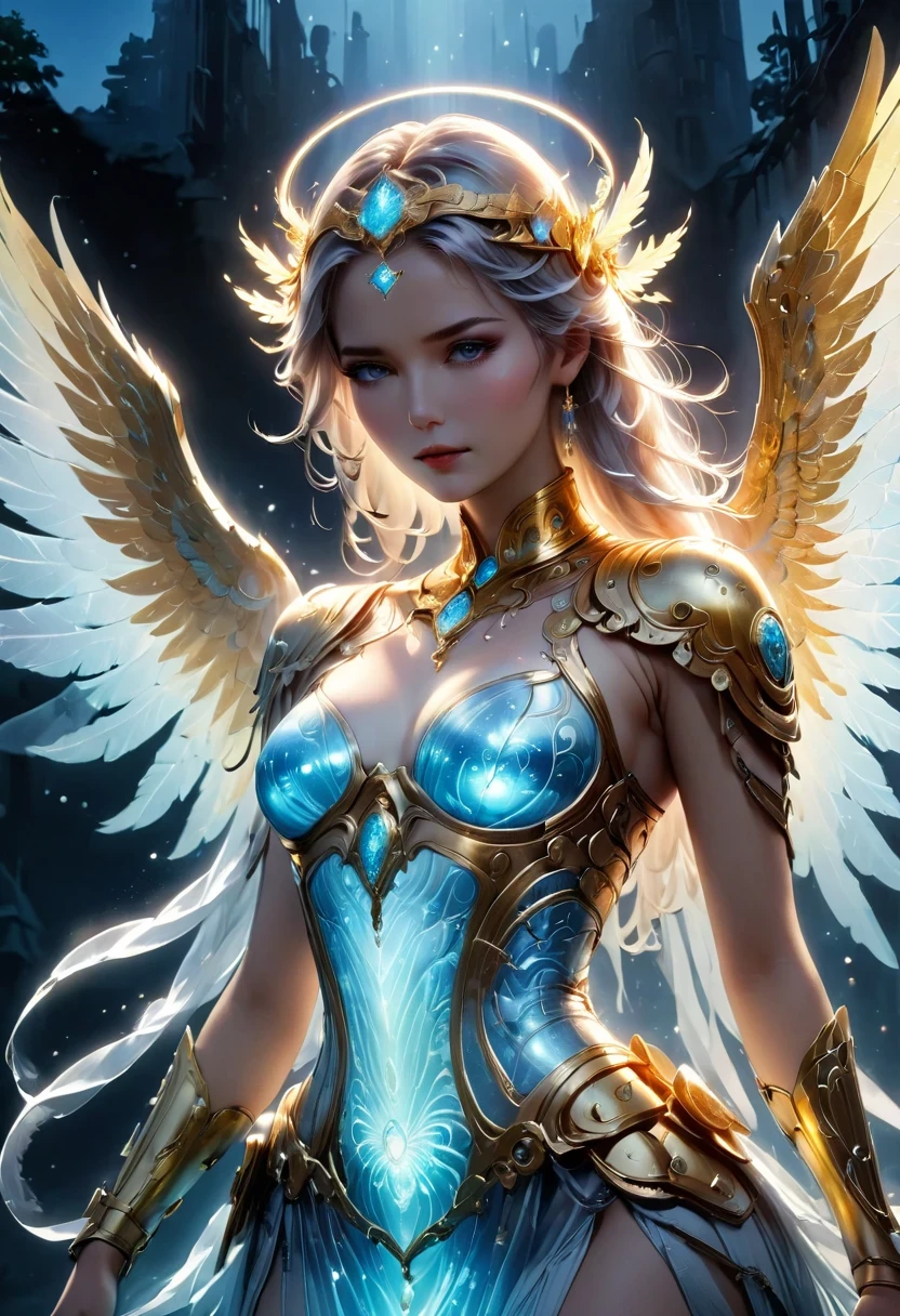 Photographic image of a beautiful woman standing，Her whole body exudes a pearly glow，Very fine and detailed illustration depicting the silhouette of her shining beautiful female angel，Radiating divine light through astral and galactic landscapes,With beautiful platinum long hair,His eyes ,She has a very feminine figure,Possessing an irresistible beautiful figure, bolupur,Medium bust 38 degrees. (((Dressed in gold and silver mini angel armor))), (((Magic Sword, Legendary sacred translucent red))), With a blue flame))), (((spirits:1.9))), (((translucent:1.5))), Neon lights reflected on you (light particles), bright colors,Transparent backlight, (((Strong ethereal breath))Under his armor(((Borderlands 3))), (((close up))), (((urban environment))), (((trulyse colors))), (((RGB))), (((ultra detailed illustration of a trulyse hallucinatory woman water spirit creature))), (((complex 3d projections of ghostly translucent f (((Borderlands 3))), (((close up))), (((urban environment))), (((trulyse colors))), (((RGB))), (((ultra detailed illustration of a trulyse hallucinatory woman water spirit creature))), (((complex 3d projections of ghostly translucent fabric and glowing hollow cybernetic threads))), (((dynamic poses))), spectrum, concept art, ((light particles)), (Stunning visual masterpiece), (((double contact))), ((Glowing Texture)), (Black tones), (unlimited), (unpredictable), (surreal), (professional essay), (Award-winning works), Creative , (ArtisticExpressions), (extreme composition), (Spontaneous composition), (Black filter), ((surreal theme)), (trulyse creatures), (trulyse figures), Disturbing visual expression, (Illuminating the dark fantasy realm), Evocative, (Unusual color contrast). by Lecrotte(long neck))), (((elongated neck))), ugly, ((Static posture)), (((Sure))), Convention, General topics, (((Borderlands 3))), (((close up))), (((urban environment))), (((truly