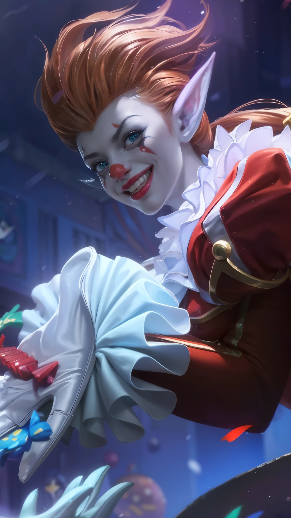 a close up of a clown with a clown makeup on, cutecore clowncore, orianna, official splash art, shaco from league of legends, splash art, kda, iconic character splash art, artgerm detailed, league of legends splashart, league of legends splash art, portrait death clown, portrait of a joker, character splash art, 8k, ultra hd, ultra detailed texture, hyper realistic, masterpiece, detailed texture, detailed face, detailed skin, detailed lighting, (photorealistic:1.5), best quality, beautiful lighting, cinematic lighting, professional lighting, ultra highres, realistic, detailed hair, real hair, high quality, (realskin:1.5), extremely detailed, finely detail, ultra-detailed, elf ear, hand holding candy