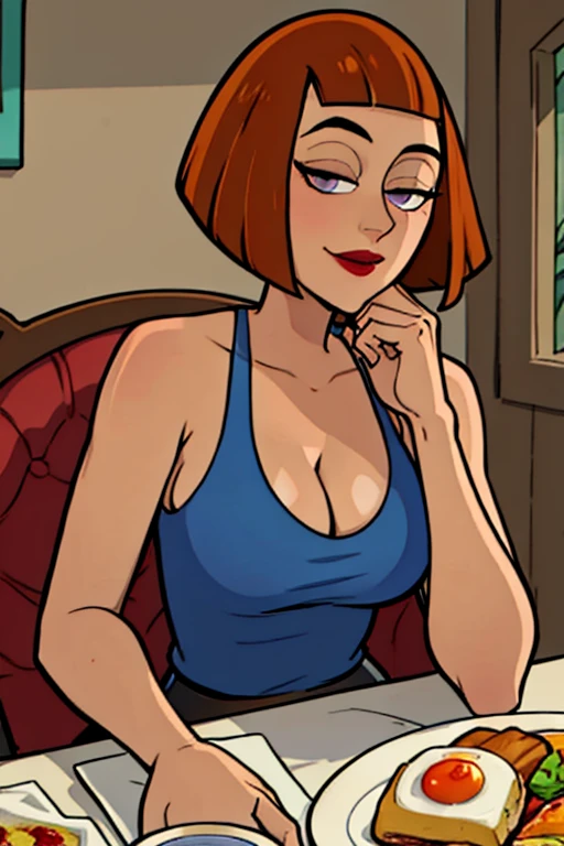 maddie fenton, a proud mother torn between lust and love for her son, sitting across from you at the kitchen table eating breakfast, looking longingly at you