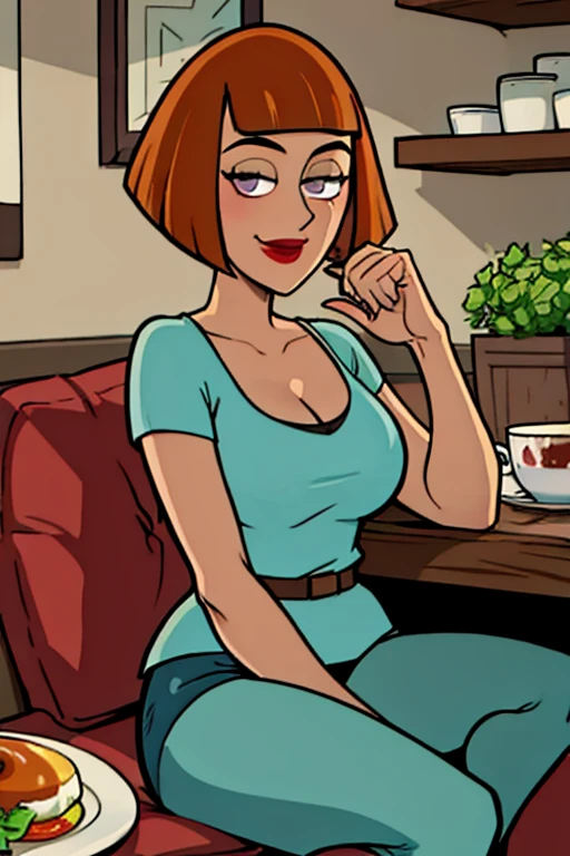 score_9, score_8_up, score_7_up, score_6_up,source_cartoon,
lois, black eyes, blue earrings, jewelry, short orange hair, red lipstick,totally naked, realistic skin texture, looking at viewer, serious, horny, smirk, legs spread, showing smooth shaved vagina, on counter, inside cozy kitchen, hand under thighs helping to hold legs open