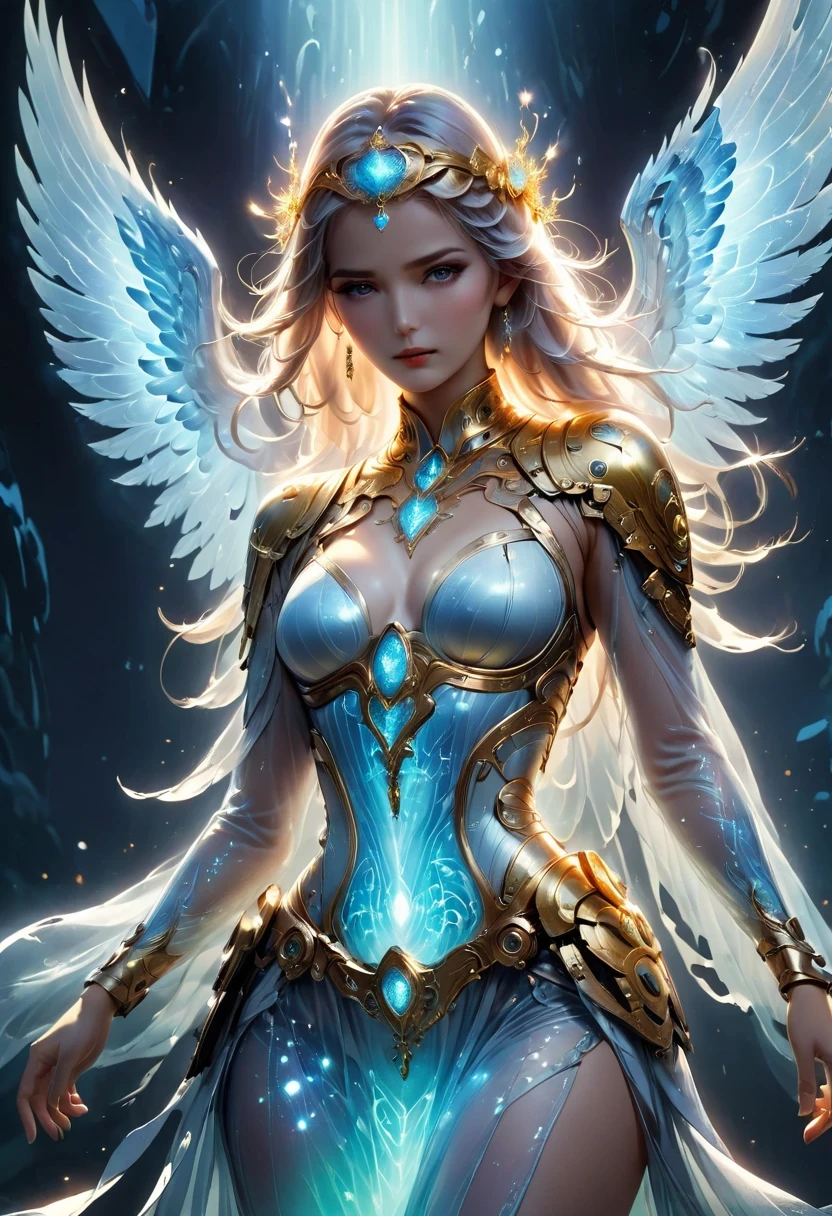 Photographic image of a beautiful woman standing,Her whole body exudes a pearly glow,Very fine and detailed illustration depicting the silhouette of her shining beautiful female angel,Radiating divine light through astral and galactic landscapes,With beautiful platinum long hair,His eyes ,She has a very feminine figure,Possessing an irresistible beautiful figure, bolupur,Medium bust 38 degrees. (((Dressed in gold and silver mini angel armor))), (((Magic Sword, Legendary sacred translucent red))), With a blue flame))), (((spirits:1.9))), (((translucent:1.5))), Neon lights reflected on you (light particles), bright colors,Transparent backlight, (((Strong ethereal breath))Under his armor(((Borderlands 3))), (((close up))), (((urban environment))), (((trulyse colors))), (((RGB))), (((ultra detailed illustration of a trulyse hallucinatory woman water spirit creature))), (((complex 3d projections of ghostly translucent f (((Borderlands 3))), (((close up))), (((urban environment))), (((trulyse colors))), (((RGB))), (((ultra detailed illustration of a trulyse hallucinatory woman water spirit creature))), (((complex 3d projections of ghostly translucent fabric and glowing hollow cybernetic threads))), (((dynamic poses))), spectrum, concept art, ((light particles)), (Stunning visual masterpiece), (((double contact))), ((Glowing Texture)), (Black tones), (unlimited), (unpredictable), (surreal), (professional essay), (Award-winning works), Creative , (ArtisticExpressions), (extreme composition), (Spontaneous composition), (Black filter), ((surreal theme)), (trulyse creatures), (trulyse figures), Disturbing visual expression, (Illuminating the dark fantasy realm), Evocative, (Unusual color contrast). by Lecrotte(long neck))), (((elongated neck))), ugly, ((Static posture)), (((Sure))), Convention, General topics, (((Borderlands 3))), (((close up))), (((urban environment))), (((truly