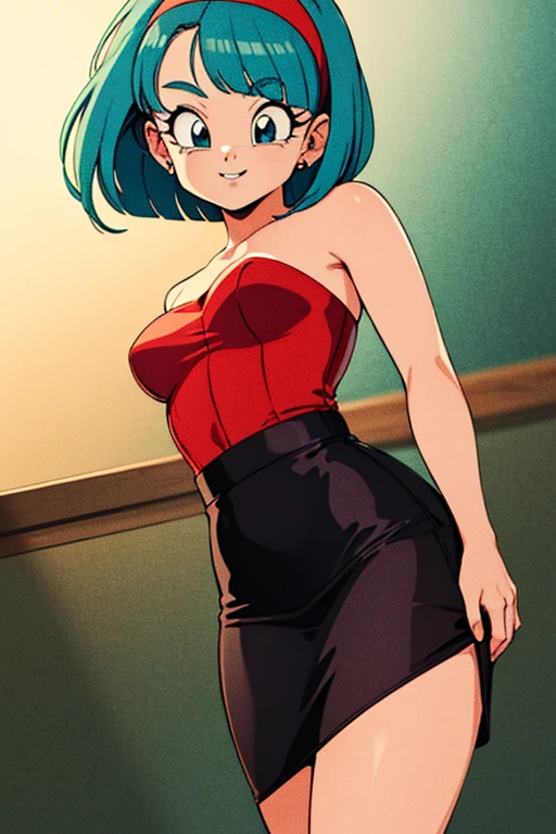 masterpiece, best quality, highres, 1 girl, solo, 1980s \(style\), dragon ball, bulma, aqua hair, medium hair, blunt bangs, red hairband, medium breasts, bare shoulders, red strapless shirt, black pencil skirt, cowboy shot, kawanobe, smile, looking at viewer,