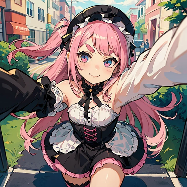Girl with pink hair, long double-tailed hairstyle, ((small pink bushy eyebrows)), wearing ta clothing, shorts, marked vagina, loli(Zankuro) drawing style by zankuro artist, Zancro style, image uploaded to R34, flirty smile, take a selfie from below, close-up, (( showing pubes )) in street