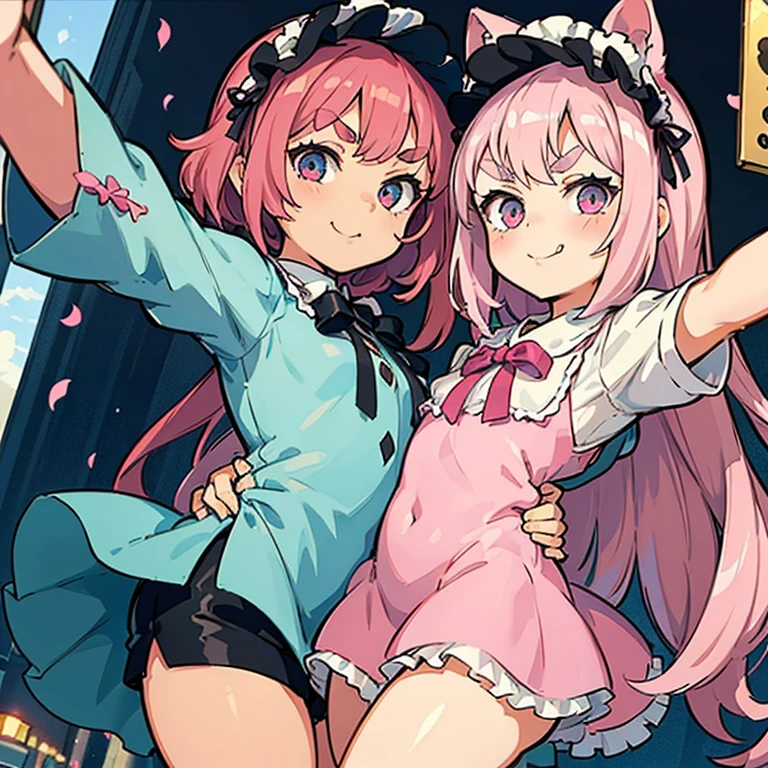 Girl with pink hair, long double-tailed hairstyle, ((small pink bushy eyebrows)), wearing ta clothing, shorts, marked vagina, loli(Zankuro) drawing style by zankuro artist, Zancro style, image uploaded to R34, flirty smile, take a selfie from below, close-up, (( showing pubes )) in street