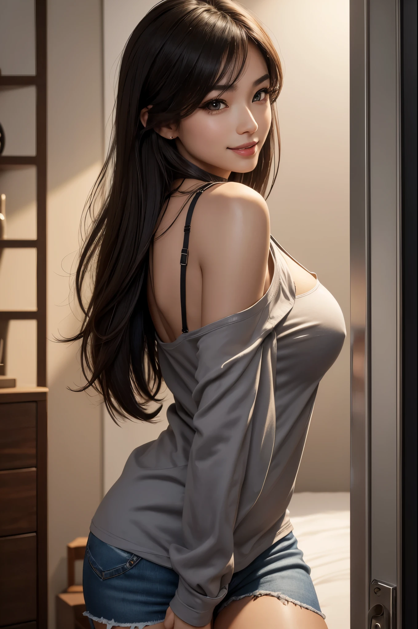 8K、ultra high resolution、best image quality、table top:1.2、Raw portraits of Japanese women、超A high resolution、highest quality、 (big breasts、:1.4)、(casual outfit):1.6}、black jeans,(Wearing a sexy shirt with big breasts。:1.5)、(The opening under the thighs:1.5)、(Dressing room:1.2) break(natural skin texture、fine skin、hyper realism、Super sharpness)、intricate details、Depth of the bounds written、sexy adult woman、black hair、tight buttocks、((masterpiece、highest quality、high detail))、(photo realistic:1.4)、solo、close your mouth、smile happily、Big eyes、pronounced double eyelids、eyelash、long neck、Absolute area、cleans the collarbone、The face is perfect、thin lips、small face、(gaze towards the viewer、eye highlights、light brown eyes、lip gloss)、attractive,sexy pose,realistic skin,realistic portrait,masterpiece,Intricate details,Volume measurement,Perfect hand shape,body balance,ultra high resolution,超realistic skin,smile,Black sexy outfit,sexy pose,
