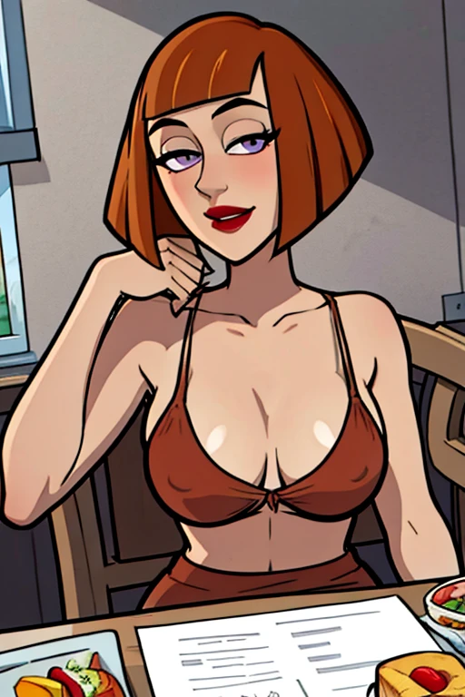 maddie fenton, a proud mother torn between lust and love for her son, sitting across from you at the kitchen table eating breakfast, looking longingly at you, nipslip