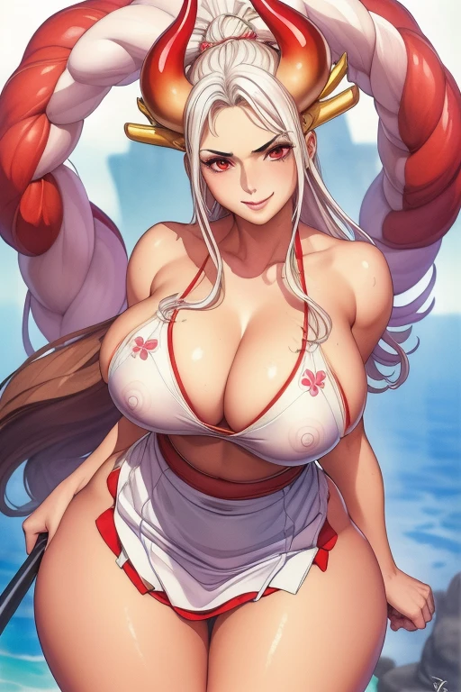 (masterpiece:1.2, best quality), (finely detailed beautiful eyes: 1.2), ((1girl)), ((solo)), (red eyes:1.4), (finely detailed eyes and detailed face:1.3), (beautiful and clear background:1.2), (extremely detailed CG, ultra-detailed, best shadow:1.1), ((depth of field)), ((watercolor)), kimono, large breasts, bare shoulders, flowers and petals, beautiful concept illustration, (white background:0.5), (illustration:1.1), (extremely fine and beautiful:1.1), (perfect details:1.1), yamato, large breasts, looking at viewer, smile, happy, blush, cleavage, wink, hard , wide hips, thick thighs, white wet mini skirt, side , seductive pose, red hakama,