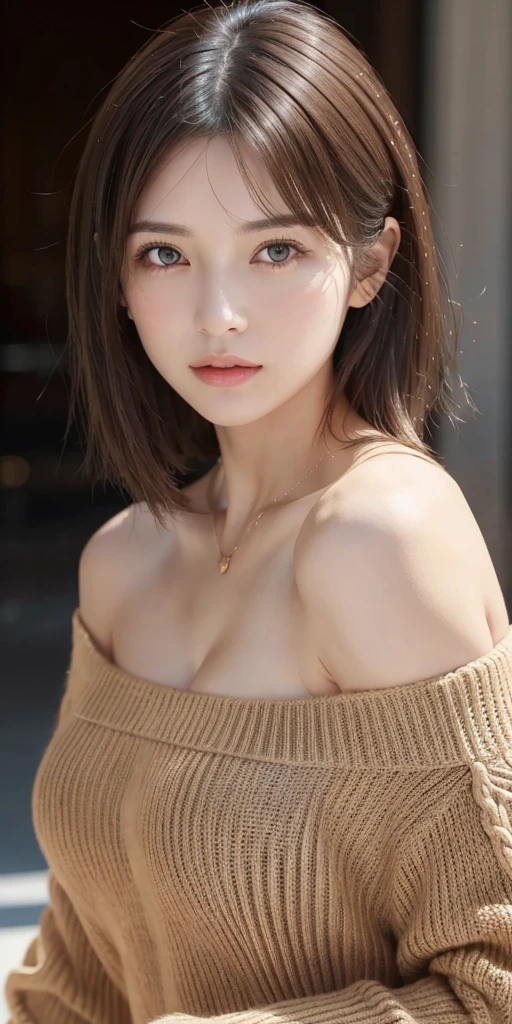 Photoreal、Masseter muscle part、highest quality、High resolution、RAW photo、realistic、bright lighting、face light、smooth professional lighting、solo、japanese woman、Half beauty、adult woman、Beautiful woman、modeled、super beautiful、realistic skin、realistic face、beautiful eyes、brown eyes、Inconspicuous tear bags、slim、medium big breasts、short hair、brunette colored hair、looking at camera、looks fun、cool beauty、camel toe、knitwear、off shoulder、underboof、