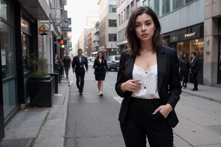produce a thin, 30-year-old woman.  With short brown hair, brown skin, closed mouth and painted nails.  Wearing a black blazer, with a white inside blouse and black dress pants, whichever is on the street.