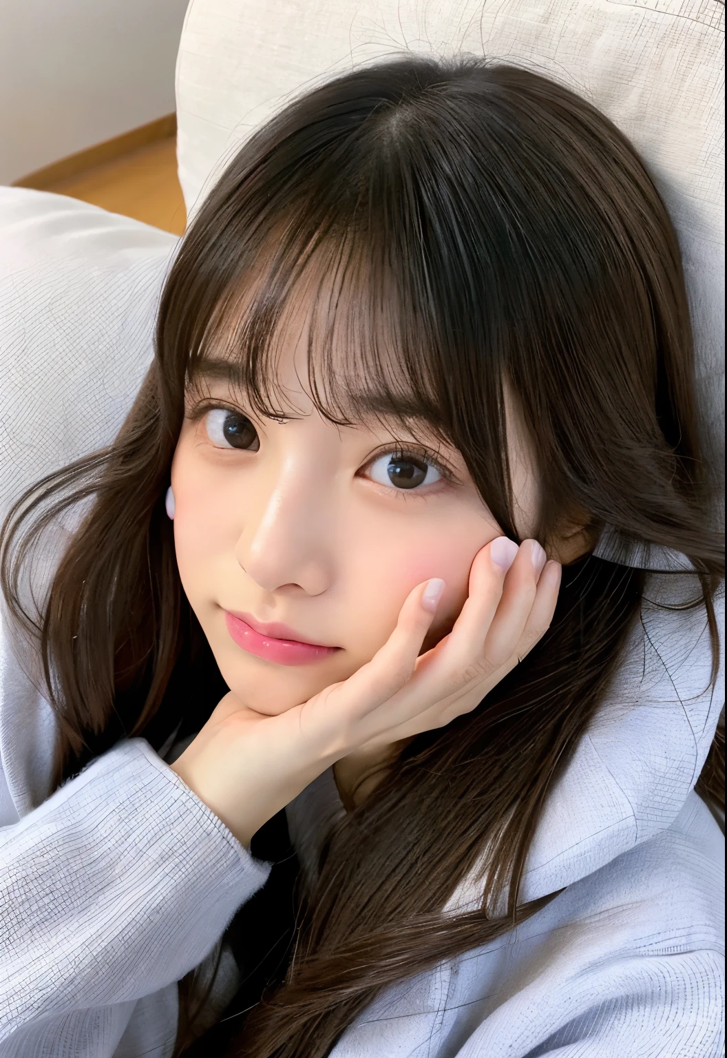 (masterpiece), (highest quality), (best details),1 girl、doing makeup、wearing a hoodie、inside the room、so beautiful、long beautiful black hair、lying down、Cover your mouth with your hands、There is a woman with long hair and a white sweater.、Ulthan、彼女はbangsのある黒い髪、鈍いbangsが額に落ちる、cute round slanted eyes、ふわふわのbangs、まっすぐなbangs、完全なbangs、bangsのあるきちんとした髪、bangs、long hair and sharp eyes、Clear, symmetrical eyes、白いbangs、完全なbangs、lying down、photo from above、((((Cover your mouth with your handoe sleeves、Face up、face down、I can't see my mouth