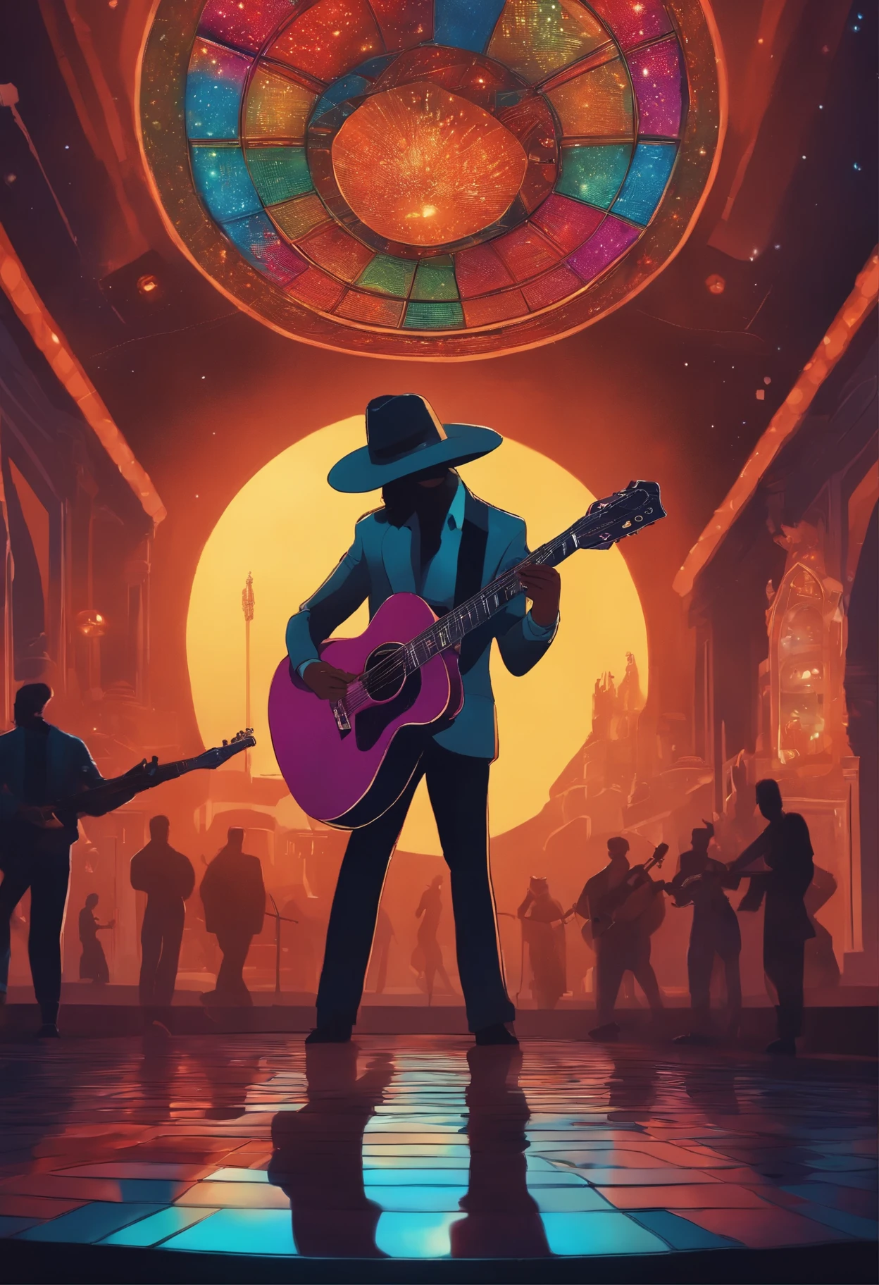 disco voador, abduzindo guitarra, inferno ao fundo, cartoon, anime