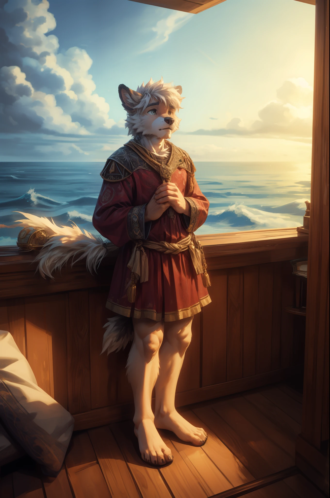 (((Barefoot furry character, full body, cinematic setting, male)))
Masquerading as a man with a reason.
My charade is the event of the season
and if I claim to be a wise man, well
it surely means that I don't know.
On a stormy sea of moving emotion
tossed about I'm like a ship on the ocean.
I set a course for winds of fortune,
but I hear the voices say:
(Carry on my wayward son.)
(There'll be peace when you are done.)
(Lay your weary head to rest.)
(Don't you cry no more.)
BREAK, detailed background, 8K, (masterpiece:1.5), intricate details, highly detailed, extreme detail, octane render, fine art, best quality, highres, (detailed face:1.5), ((full_body)), UHD, (((perfect hands)))