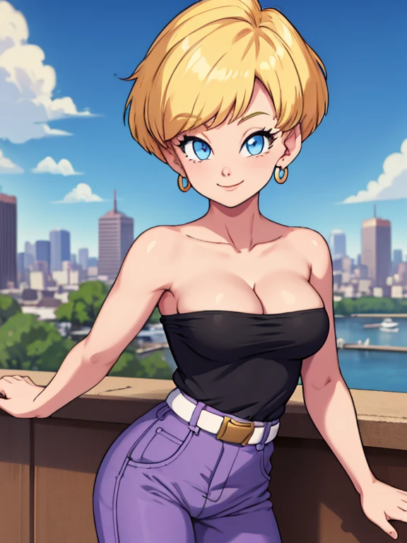 erasa, blonde hair, short hair, blue eyes, earrings, black shirt, strapless, cleavage, medium breast, white belt, purple pants, 1 girl, solo, smile, seductive, city, sunlight, blue sky, Masterpiece
