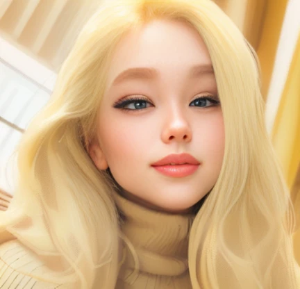 Beautiful woman with long blond hair and a turtleneck sweater,blonde hair and large eyes, pale skin curly blond hair, a girl with blonde hair, long blonde hair and large eyes, extremely pale blond hair