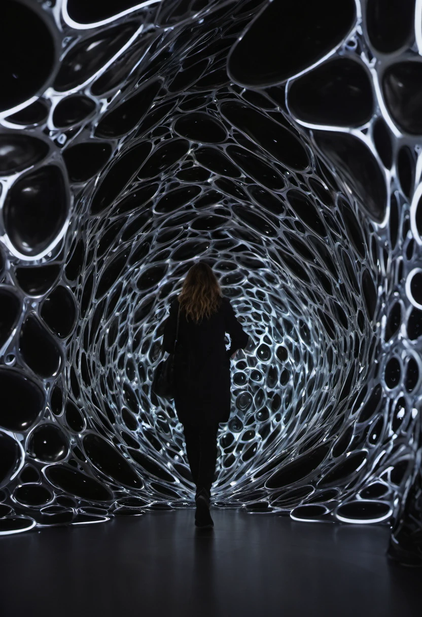 minimalist, closeup, interior, bio organic installation, , Neri Oxman, strange anomalies, abstract, spatial glowing, biomimicry, GEOMETRIC architecture, , inflated biomimicry,, glowing, black museum interior, charcoal clothing blurry person walking, organic slime, flesh design, realistic face, award winning perspective, raw snapshot, close up, looks used, rim lights, dirty lens, bio studies, clear details, texture high quality, full black GEMETRIC background, full black museum installation,, no window, fujifilm provia 400x, massurrealism, luminous shadows, renaissance-inspired chiaroscuro, HDRI