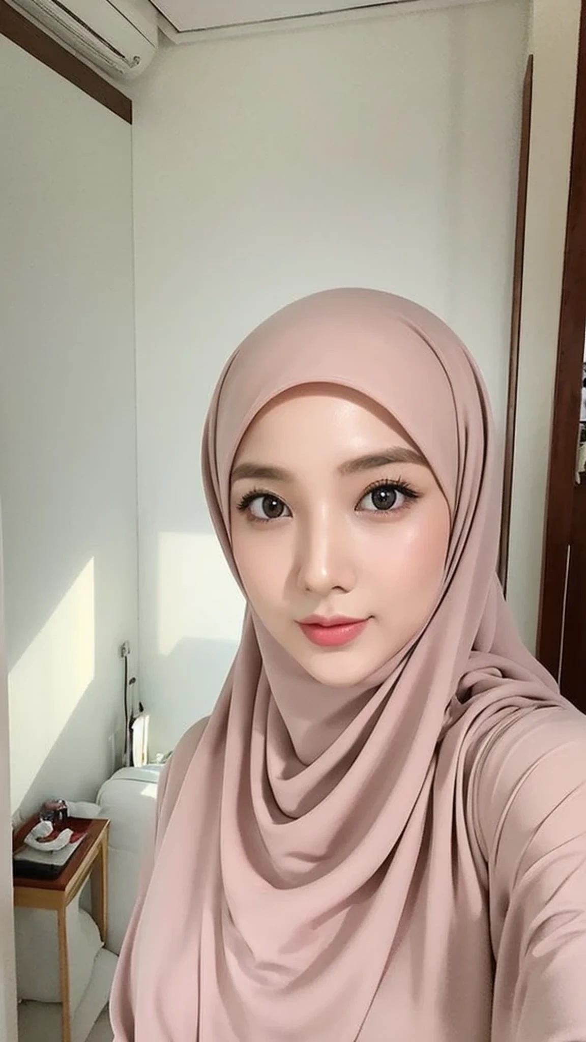 Beautuful Women、hijab, indonesian, realistic, a room、selfee、White Room、The face is cute、Vanrak Ayyans appears. beautiful、alone