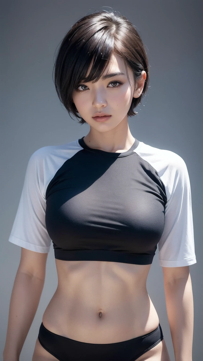 woman sexy, black hair, medium breasts appear, tight shorts, camel-toe, tabby, pouting for a photo, hentai.
