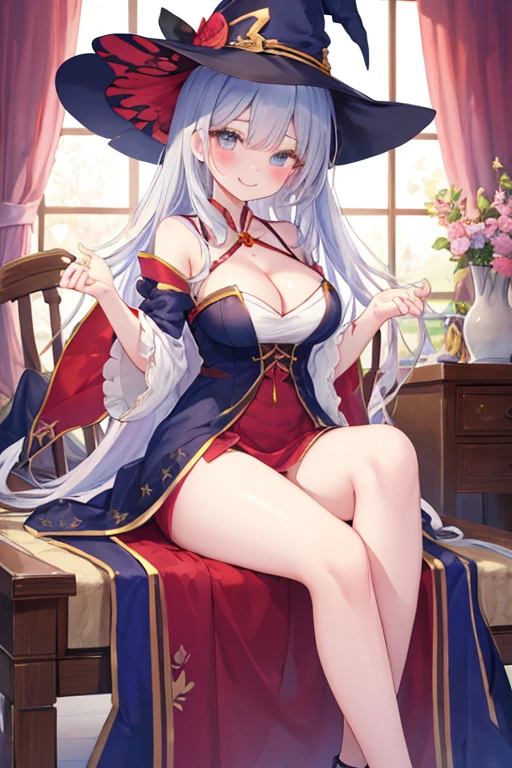 beautiful illustrations, highest quality, pretty girl,beautiful girl、clear face、 half girl、pastel colour 、smile、blush、にこやかなsmile、thighs、perfect hands、five fingers、witch、magic、fantasy、big breasts、sitting、cleavage、fantasy