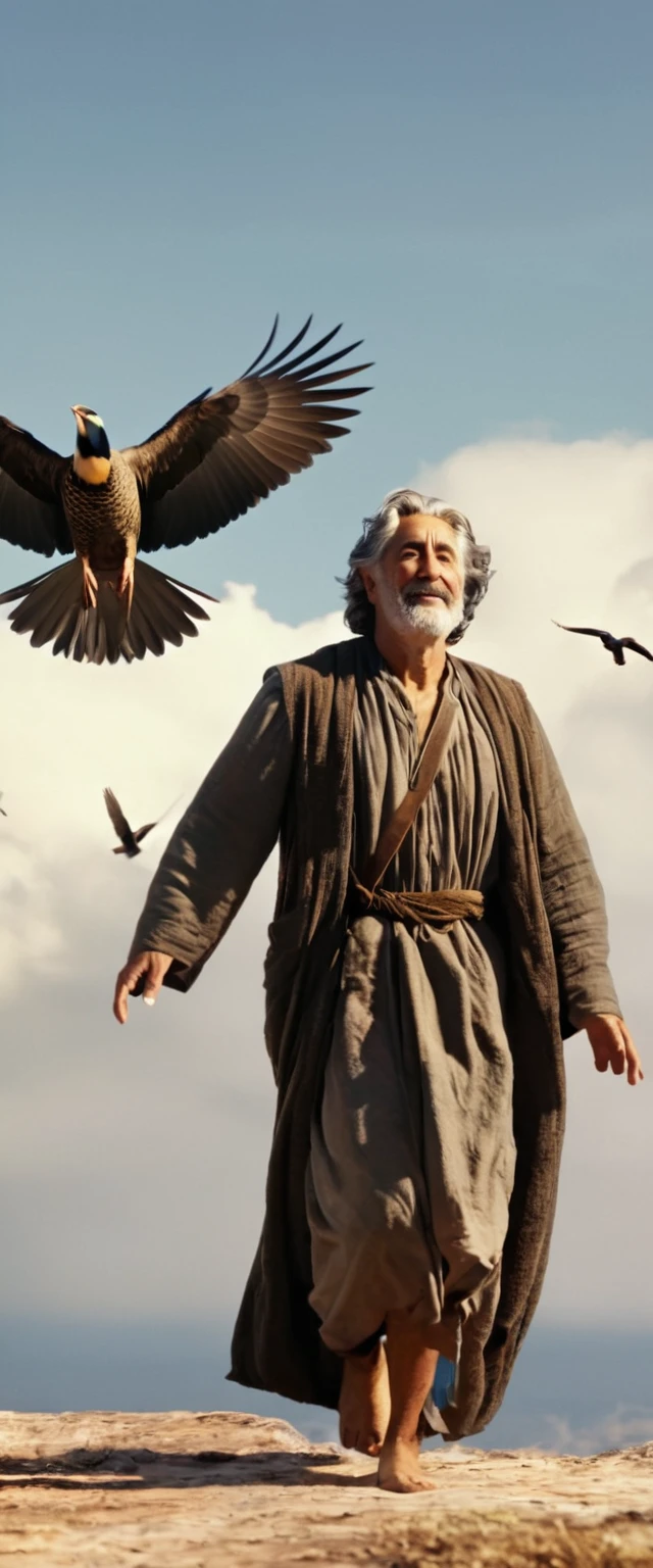 Noah, vista lateral, corpo inteiro, man aged appearance, biblical image, with bird flying, 8k, cinematic.