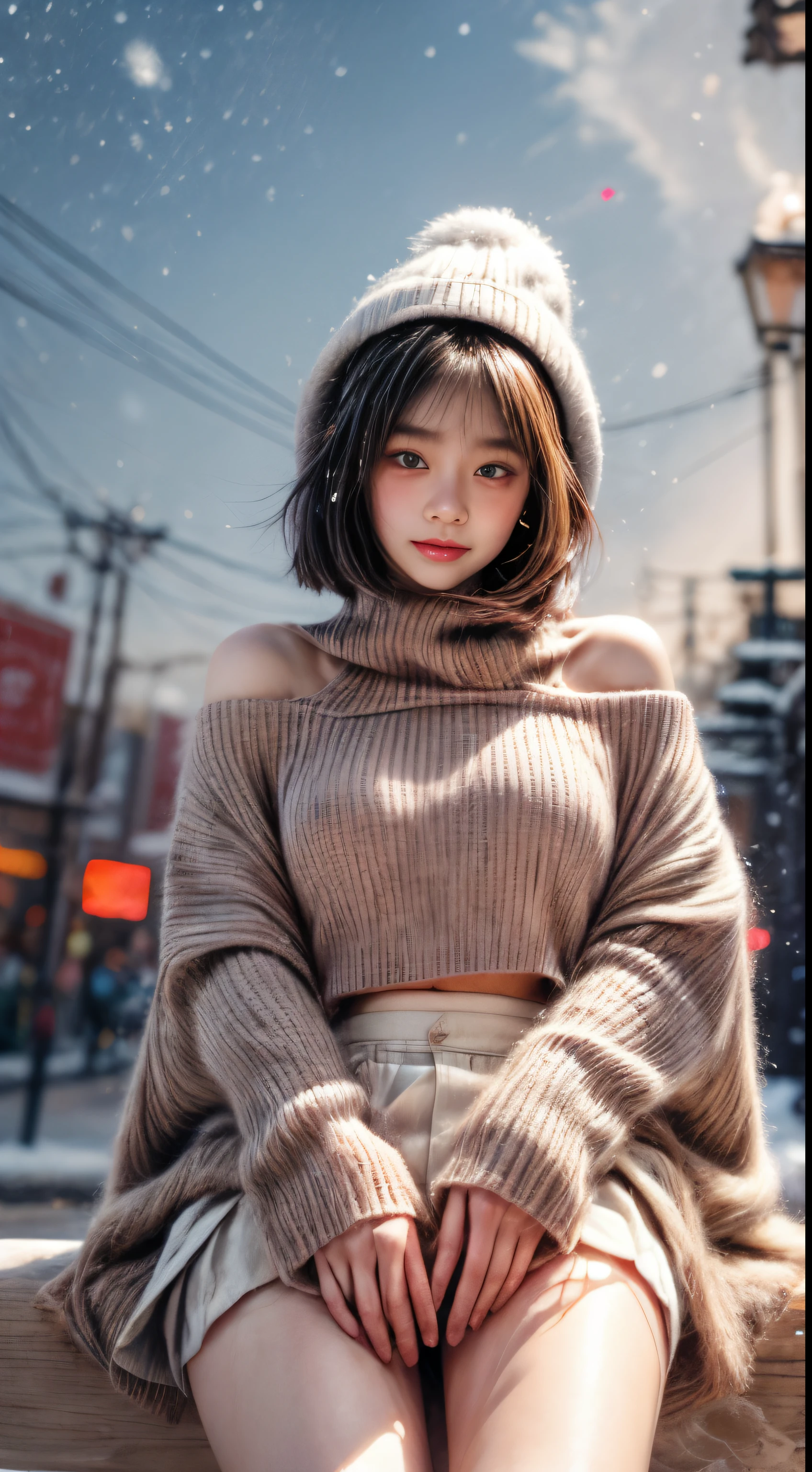chef d'oeuvre、8K、32k、superior quality、(A detailed eye)、(Une jolie femme japonaise、frange)、23 ans、1 fille dans、elegant、(Detailed representation of the'background、portlate:1.2)、(square cuts:1.3)、(illuminations、Neige:1.4)、(s'came back:1.2)、Knitted hat、(poncho en laine、plaid mini skirt、cuisses cuisses cuisses cuisses:1.2)、、(Neige:1.4)、(visage rougi、Joyeux:1.4)、(angle d'en bas:1.3)