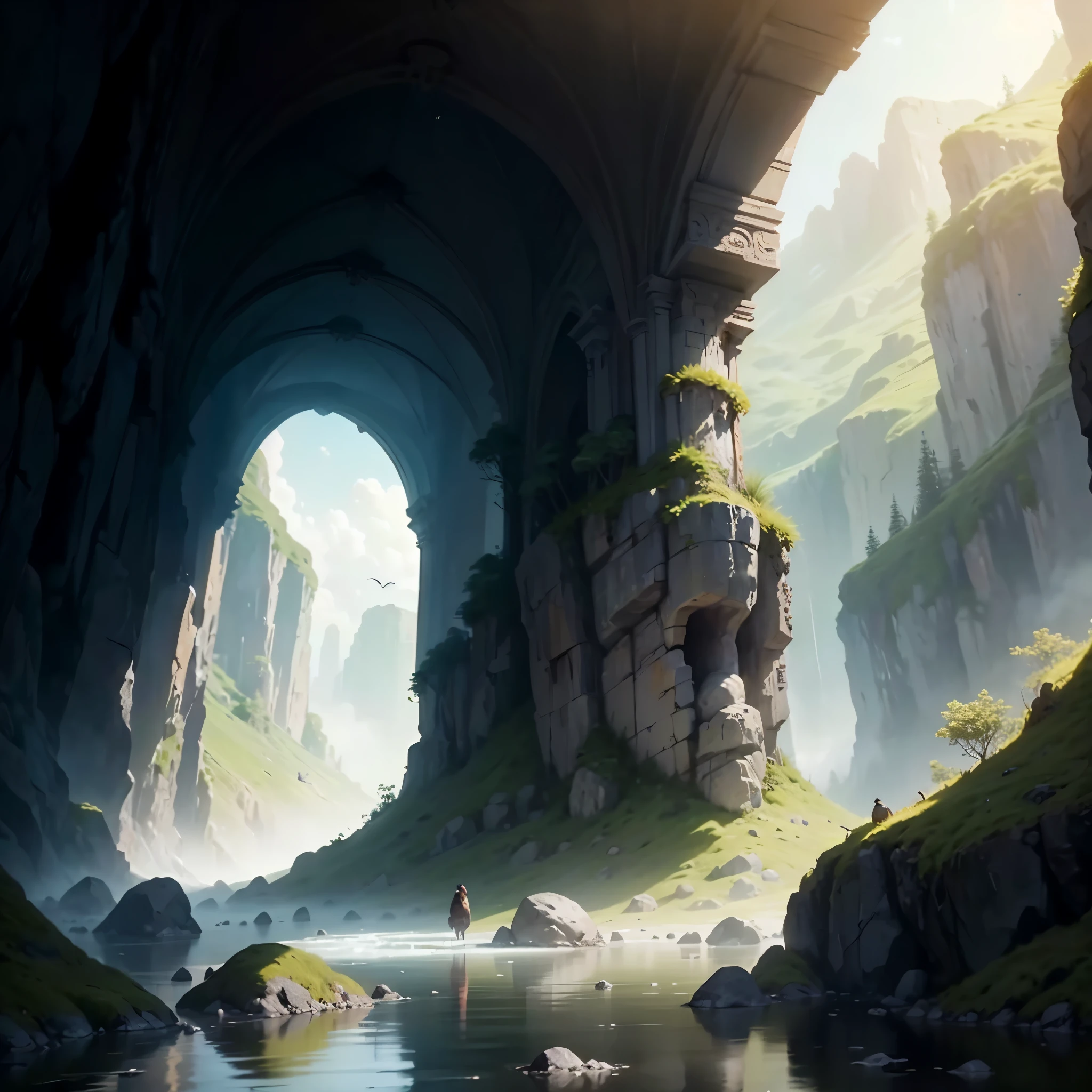 The picture slowly unfolds,What comes into view is a magnificent and huge valley。The cliffs on both sides are towering into the clouds,It was artificially carved into a huge statue。These statues are majestic and solemn.,mysterious,Full of power,Awe-inspiring。
Between the cliffs,The valley is deep and mysterious。Sunlight shines through narrow gaps,Sprinkle on the bottom,Create mottled light and shadow。The valley is filled with an ancient and mysterious atmosphere.,It seems to hide countless unsolved mysteries。
In the center of the picture,A clear stream flows slowly from the depths of the valley,The sound of water gurgling,It adds a touch of vitality to this quiet valley。On both sides of the stream,Dense and lush vegetation,Various wild flowers bloom,It gives off a faint floral fragrance。
far away,shrouded in miseems that there is a mysterious wonderland hidden in it。Occasionally a few birds fly across the sky,It adds a touch of dynamic beauty to the picture。
The whole picture is full of epic atmosphere,It seems to make people feel like they are in an ancient and mysterious world.。The audience seemed to be able to feel the ancient and solemn melody echoing in the valley.,Awe-inspiring,And full of curiosity。
This picture is depicted through clever composition and rich details.,Successfully created a spectacular and mysterious movie scene,It makes people feel like they are in an epic movie,Feel the magical charm of nature and the infinite power of human wisdom。