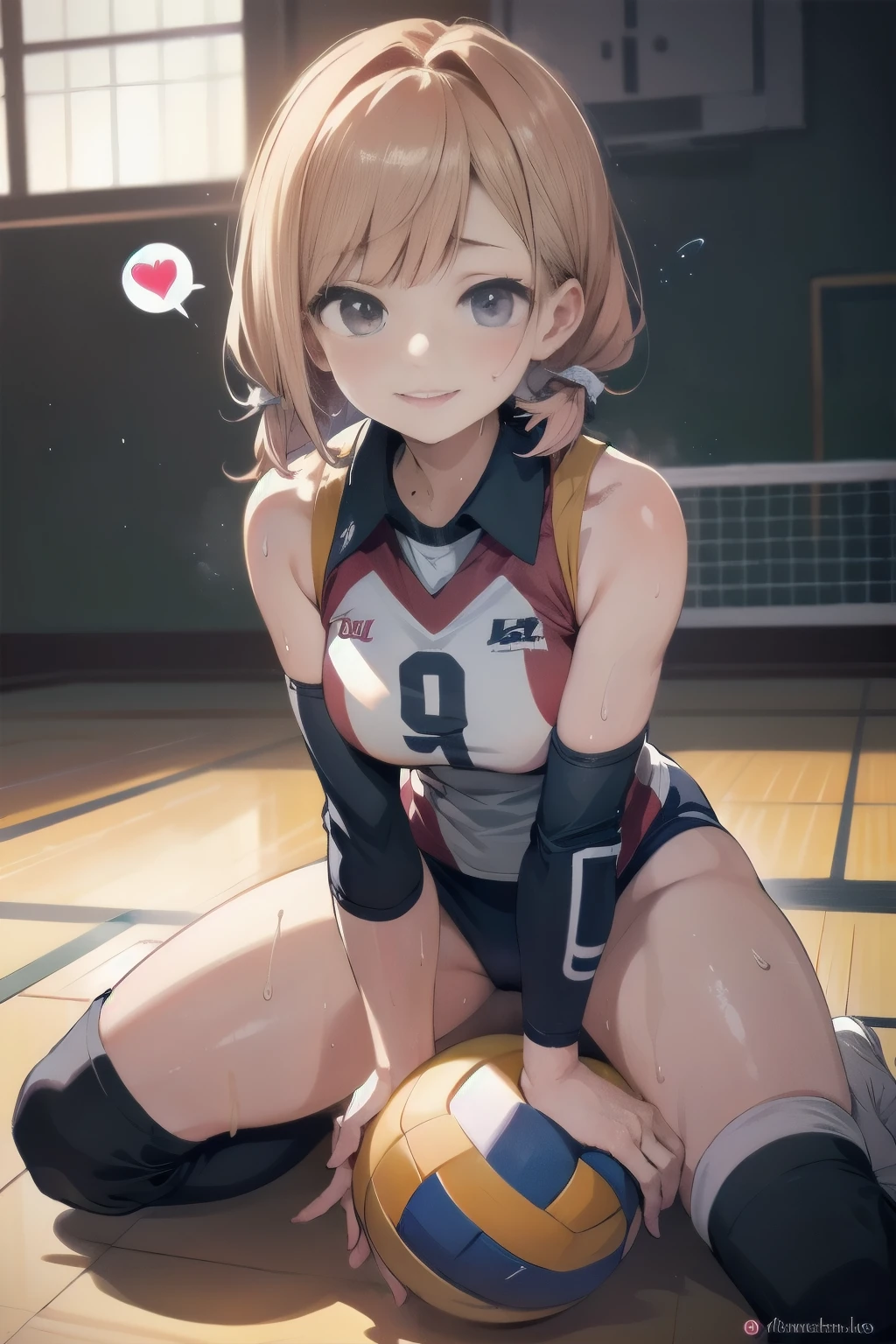 unity 8k wallpaper, anatomically correct, (((masterpiece))), (((best quality))), (((ultra detailed))), (((high-resolution))), ((Ultimate cutie)), perfect hands, perfect finger, (((good anatomy))), detailed beautiful face, shiny hair, (((gyaru))), (potbelly), (curvy), medium breasts, ((Thick thighs)), (((solo))), ((seductive smile)), (((blush))),
BREAK, (((sit astride the perfectly spherical shape 6-inch volleyball))), (((Straddling a perfectly spherical 6" volleyball))), (((Perfectly spherical 6" volleyball fits perfectly crotch))), BREAK, (((Rub the Perfectly spherical 6" volleyball against crotch))), (masturbation),
BREAK, (Collared volleyball uniforms), sleeveless, ((buruma)), ((kneepad)), pussy juice stained, (elbow pad), (((sweat))), (((covered in sweat))), ((deep breathing)), in Volleyball Court, indoor, lighting, looking at viewer, full body, (spoken heart)