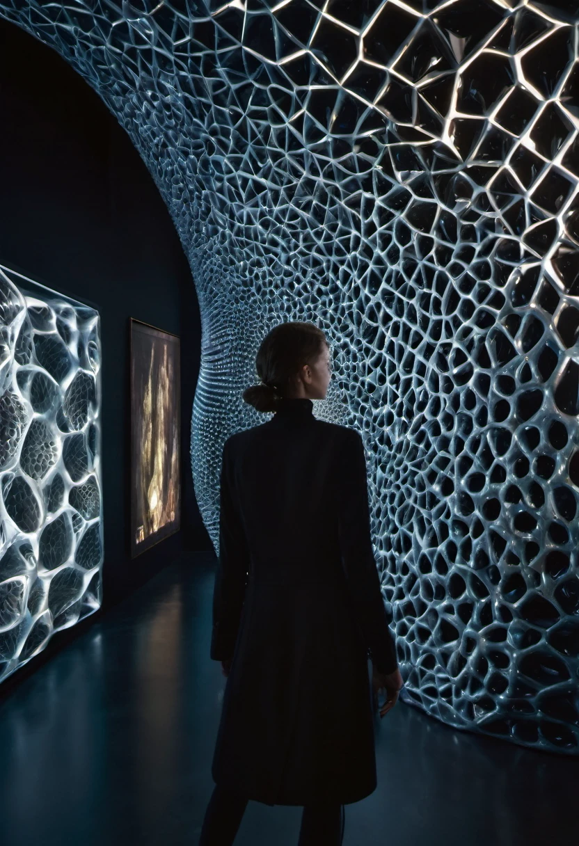 minimalist, closeup, interior, bio organic installation, , Neri Oxman, strange anomalies, abstract, spatial glowing, biomimicry, GEOMETRIC architecture, , inflated biomimicry,, glowing, black museum interior, charcoal clothing blurry person walking, organic slime, flesh design, realistic face, award winning perspective, raw snapshot, close up, rim lights, dirty lens, bio studies, clear details, texture high quality, full black GEOMETRIC background, full SACRED GEOMETRIC black museum installation,, no window, fujifilm provia 400x, massurrealism, luminous shadows, renaissance-inspired chiaroscuro, HDRI