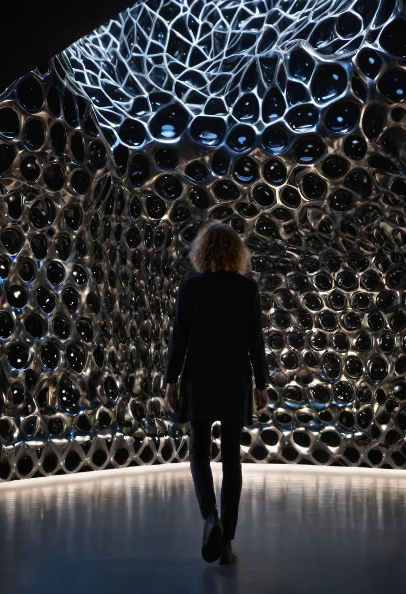 minimalist, closeup, interior, bio organic installation, , Neri Oxman, strange anomalies, abstract, spatial glowing, biomimicry, GEOMETRIC  architecture, , inflated biomimicry,, glowing, black museum interior, charcoal clothing blurry person walking, organic slime, flesh design, realistic face, award winning perspective, raw snapshot, close up,  rim lights, dirty lens, bio studies, clear details, texture high quality, full black GEOMETRIC  background, full SACRED GEOMETRIC black museum installation,, no window, fujifilm provia 400x, massurrealism, luminous shadows, renaissance-inspired chiaroscuro, HDRI