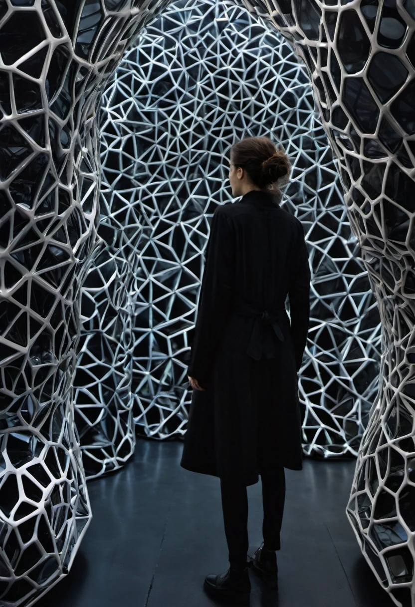 minimalist, closeup, interior, bio organic installation, , Neri Oxman, strange anomalies, abstract, spatial glowing, biomimicry, GEOMETRIC architecture, , inflated biomimicry,, glowing, black museum interior, charcoal clothing blurry person walking, organic slime, flesh design, realistic face, award winning perspective, raw snapshot, close up, rim lights, dirty lens, bio studies, clear details, texture high quality, full black GEOMETRIC background, full SACRED GEOMETRIC black museum installation,, no window, fujifilm provia 400x, massurrealism, luminous shadows, renaissance-inspired chiaroscuro, HDRI