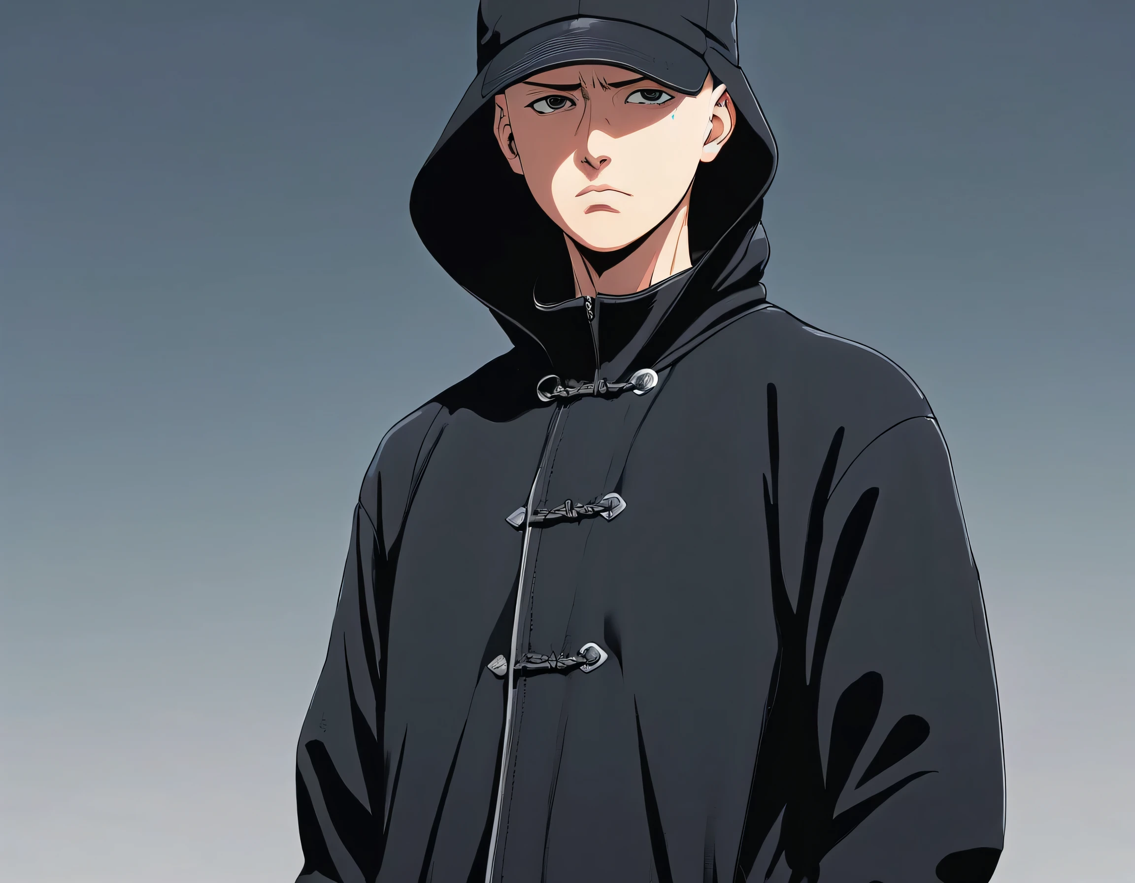 bald ager wearing a black hooded coat and cap standing forward looking at the viewer, cartoon anime style, like jujutsu kaisen