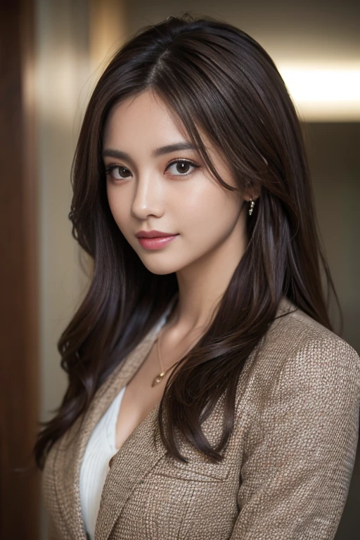 best quality, realistically, Super detailed, detailed, high resolution, 8k wallpaper, 1 beautiful woman,,light brown messy hair, Wear a dark suit, lock focus, Perfect dynamic composition, beautiful eyes, fine hair, 细致realistically的皮肤纹理, Smile, closeup portrait, Model body shape