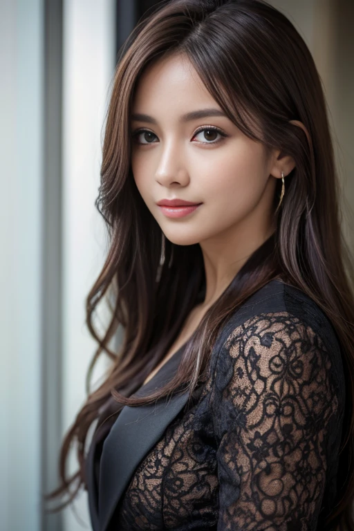 best quality, realistically, Super detailed, detailed, high resolution, 8k wallpaper, 1 beautiful woman,,light brown messy hair, Wear a dark suit, lock focus, Perfect dynamic composition, beautiful eyes, fine hair, 细致realistically的皮肤纹理, Smile, closeup portrait, Model body shape