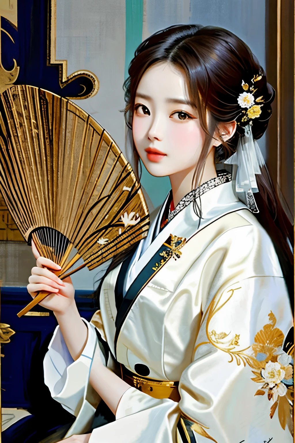 Korean beauty holding a fan in her hand, Giovanni Boldini(Giovanni Boldini), different actions, 