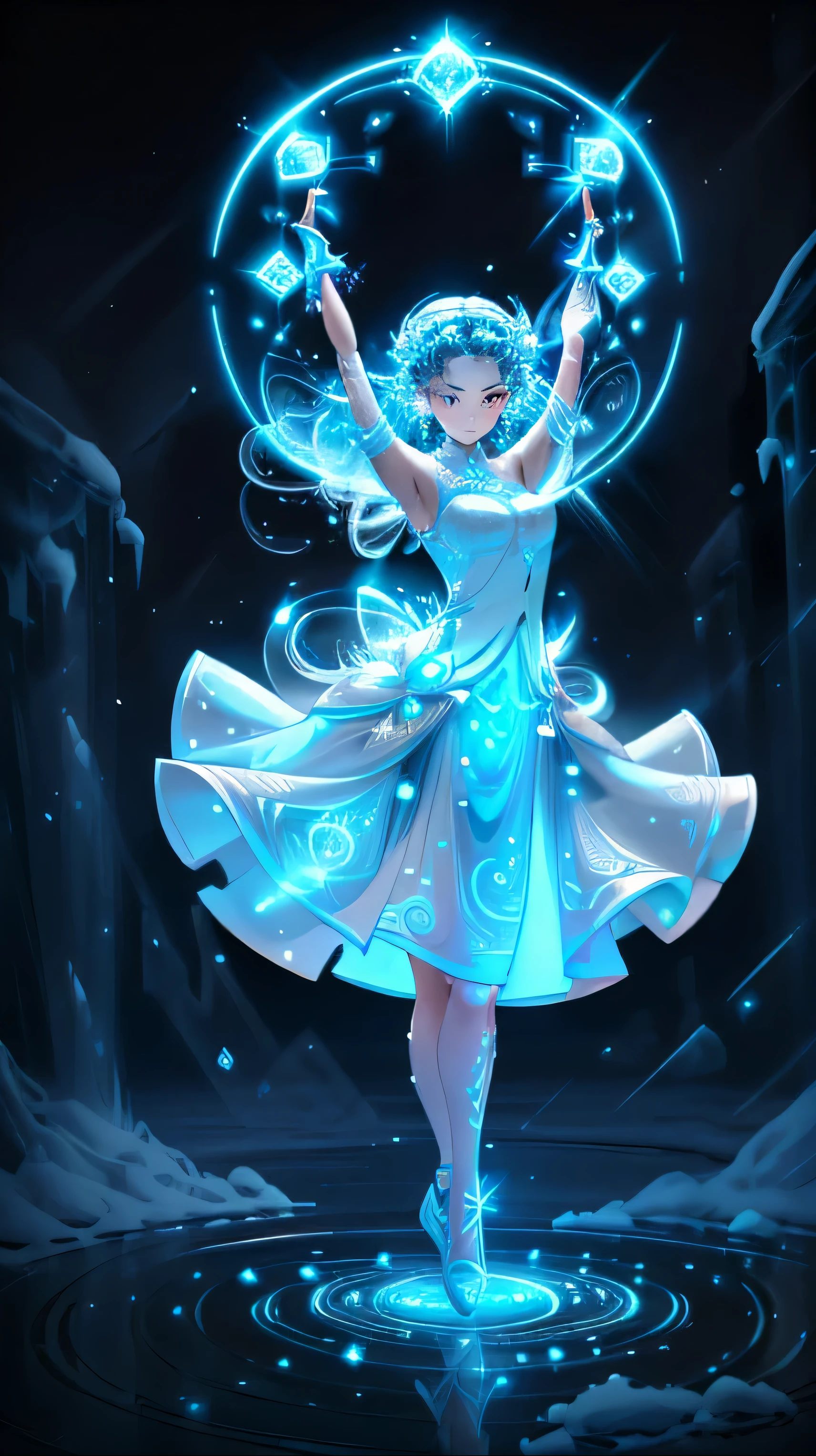 Picture a single girl, radiating energy and grace, with dynamic poses that exude power and elegance. The crystal dress she wears is a breathtaking sight, shimmering with the brilliance of a thousand diamonds, covering her from neck to toe. The magic circle surrounding her is mesmerizing, with blue concentric circles that ripple and expand, creating an aura of enchantment.

Ice crystals embedded in the circle sparkle and dance, each one a testament to the magic at work. Ice mist surrounds her, and the ground beneath her feet is littered with countless icicles, adding an ethereal touch to the scene. The ice particle effect adds a sense