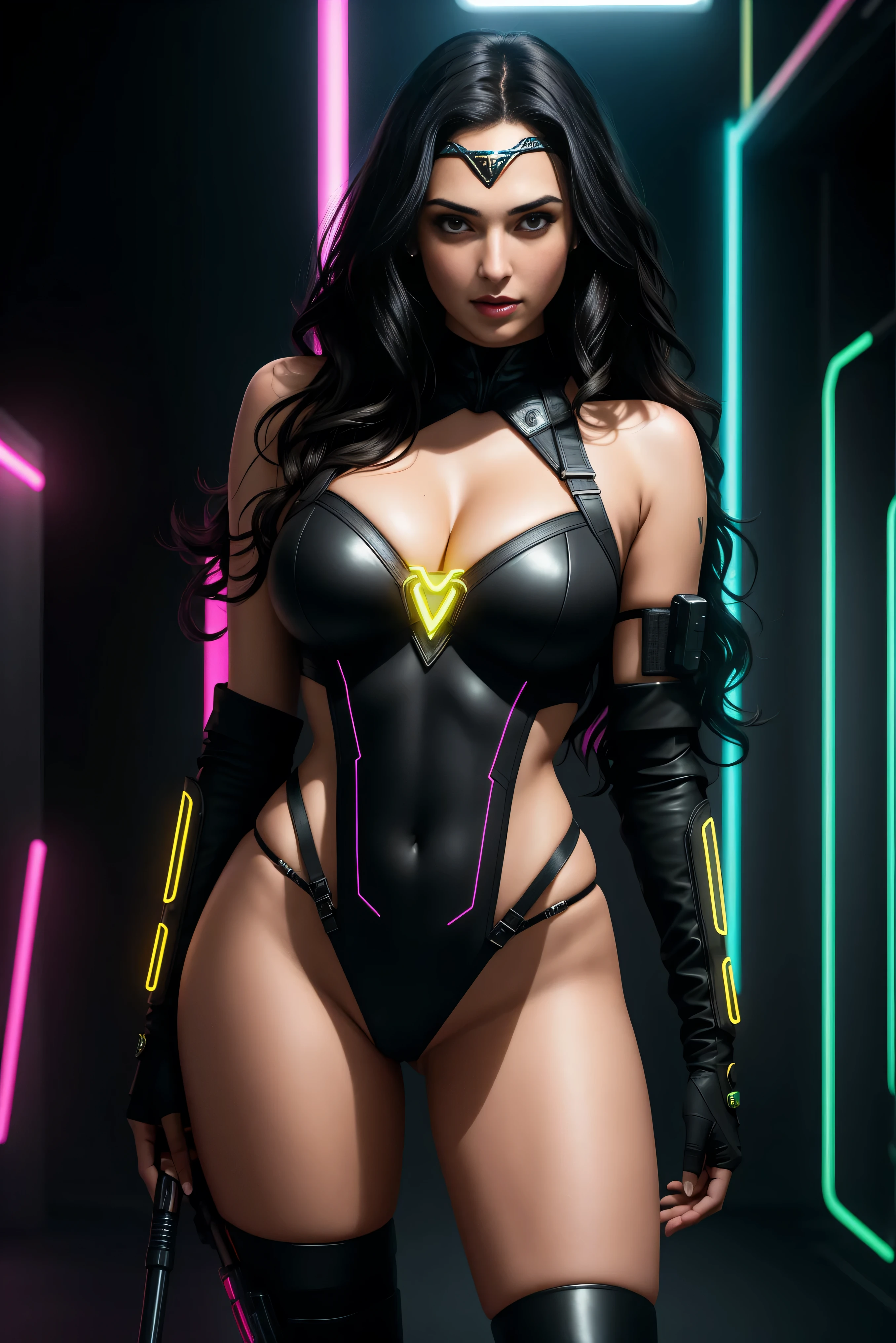 there is GAL GADOT standing, long hair, 3 d neon art of a womans body, neon-noir background, cyberpunk femme fatale, seductive cyberpunk dark fantasy, cyberpunk strip clubs, cyberpunk 20 y. o model girl, oppai cyberpunk, banner, high definition cgsociety, cgsociety masterpiece, trending on cgstation, kda, random hair, looking at camera, gigantic breasts, cleavage, (high detailed skin:1.2), 8k uhd, dslr, super lighting, high quality, film grain, high res, highly detailed, hyper realistic, beautiful face, beautiful body, beautiful eyes nose lips, alluring expression, very bold, upper  visible, full body photo, standing legs apart, pale translucent glowing skin, most beautiful face, cute, (well defined pubic hair:1.2)), (dark plain black background:1.4))