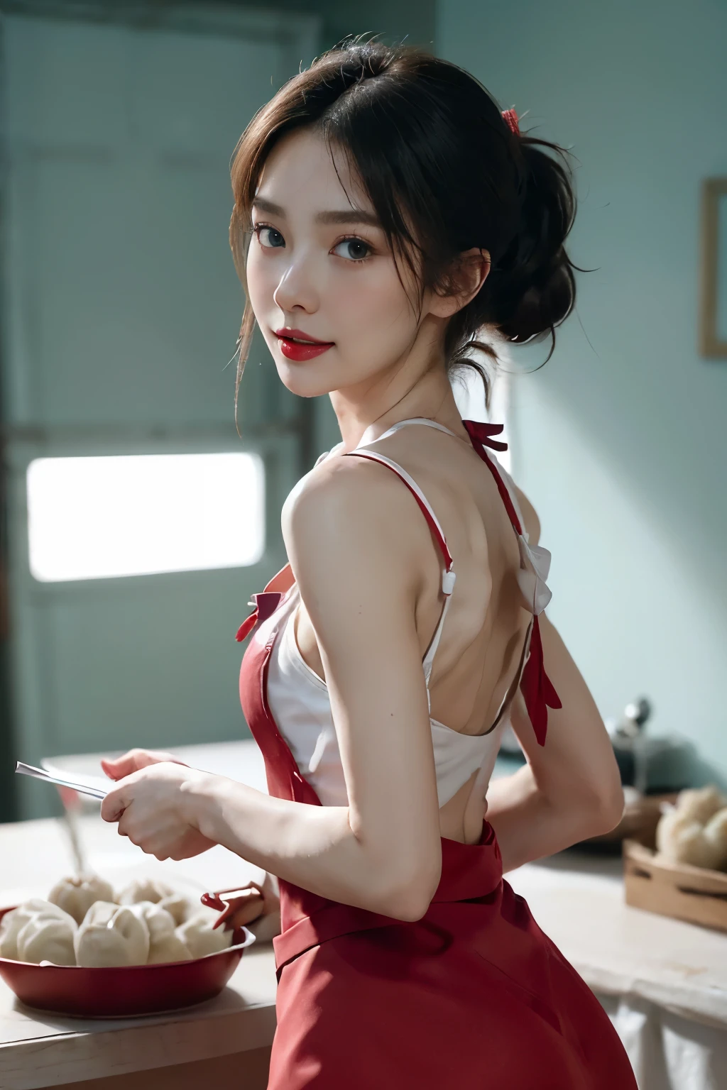 (Perfect body: 1.1), (very short ponytail:1.1),(Extremely detailed CG),((8K)),(wallpaper),(extremely delicate and beautiful),(masterpiece),(best quality：1.0),(超high resolution:1.0），(Upper body:1.3)，[high resolution],a girl,alone,small head,Small face,Exquisite makeup,(woman:1.3),(blush:1.3),red lips,happy,Smile,(Smooth and flawless fair skin:1.5),Super detailed,Slender legs,(small breasts:1.1),flat chest,Slim,thin,(red apron:1.4),(white underwear:1.2),(round butt:1.3),(sharp hips:1.5),in the kitchen,teal background,permanent,(from the front:1.3),(close shot:1.3),dusk，warm light,(There are many dumplings on the table:1.3)