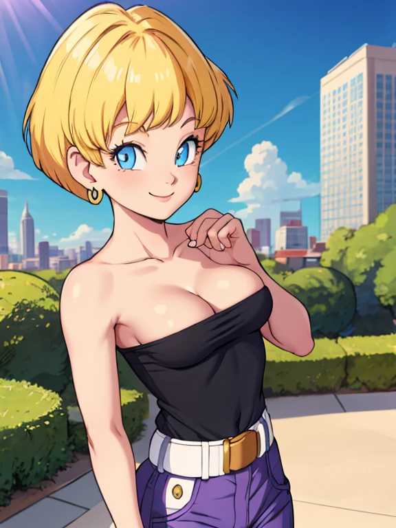 erasa, blonde hair, short hair, blue eyes, earrings, black shirt, strapless, cleavage, small breast, white belt, purple pants, 1 girl, solo, smile, seductive, city, sunlight, blue sky, Masterpiece