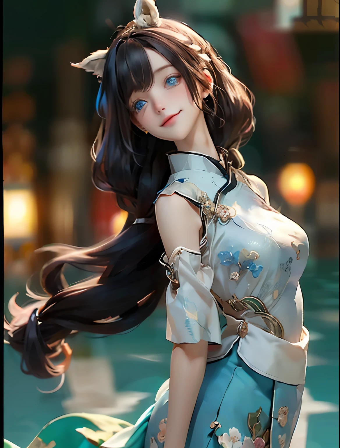 (masterpiece), (best quality), (ultra detailed),(disheveled hair),(illustration), (1girl), (Wearing a Unique Aodai ), Fashion model, looking at viewer, (interview), (simple background),beautiful detailed eyes, delicate beautiful face,(high saturation),(colorful splashes),colorful bubble,(shining), focus on face, (( Jet hair)), bangs ,(( shoulder lenghtq hairs )).Girl, anime waifu, highlydetailed, reflections transparent iridescent colors, long transparent iridescent RGB hair, artby Serafleur from artstation, thick acrylic,illustration on pixiv, waist up portrait, gorgeoussacred girl, best quality, ultra detailed,sad,clever,beautiful face , beautiful lighton black background, Character stvle renderedby Octane,cute emotion, cute smile, ((Delft Blue Eyes)),((Egyptian Blue unique Aodai with Ultra Violei mofits pattern))