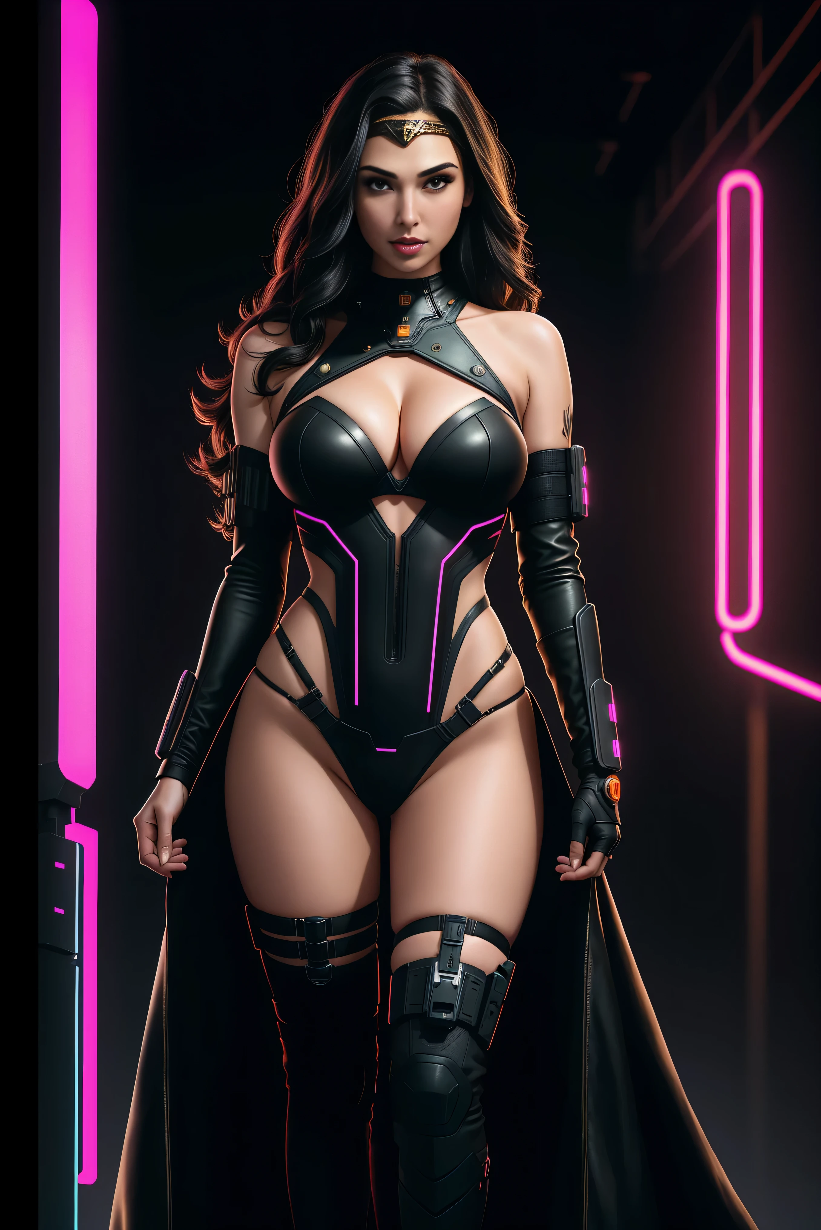 there is GAL GADOT standing, long hair, 3 d neon art of a womans body, neon-noir background, cyberpunk femme fatale, seductive cyberpunk dark fantasy, cyberpunk strip clubs, cyberpunk 20 y. o model girl, oppai cyberpunk, banner, high definition cgsociety, cgsociety masterpiece, trending on cgstation, kda, random hair, looking at camera, gigantic breasts, cleavage, (high detailed skin:1.2), 8k uhd, dslr, super lighting, high quality, film grain, high res, highly detailed, hyper realistic, beautiful face, beautiful body, beautiful eyes nose lips, alluring expression, very bold, upper  visible, full body photo, standing legs apart, pale translucent glowing skin, most beautiful face, cute, (well defined pubic hair:1.2)), (dark plain black background:1.4))