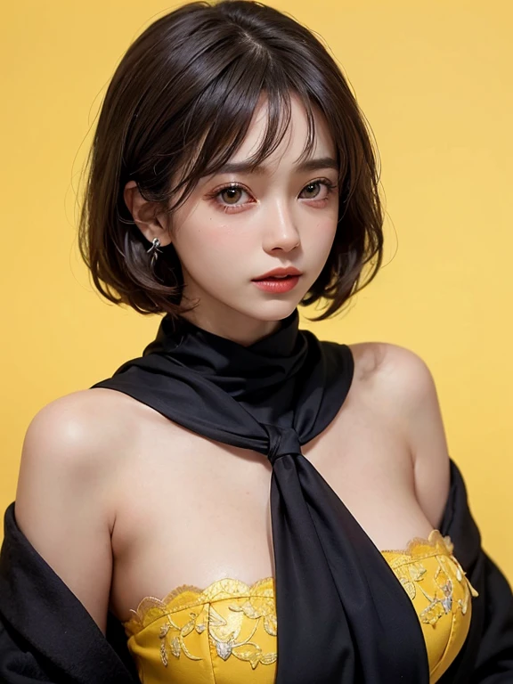 (masterpiece, highest quality),1 girl, alone, scarf, have, realistic, realistic, looking at the viewer, light colored black eyes, Brunette short bob hair with highly detailed shiny hair, short hair:1.6、Winter clothes, Whity, lips, bangs, outdoor, closed mouth, Upper body、Big eyes、eyelash、((There'There'There'There'There'There'There'、very simple yellow background:1.8))、(((bangsのあるshort hair、Big eyes、big and full chest、look at the audience、beautiful beauty、show me your ears、long neck、smile、please close your mouth and smile)))、ideal body proportions、{Huge|big|Hugeな|mega} chest, cleavage:2、幸せなsmile:1.6、Very beautiful teeth:1.6