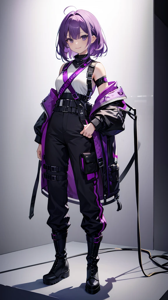 purple hair,girl,1 person,medium hair,Harness,pants,boots,simple background,smile,whole body,full body,standing position,Standing picture,VTuber,front,Eyes on the viewer,視線をfrontに,arm to the side