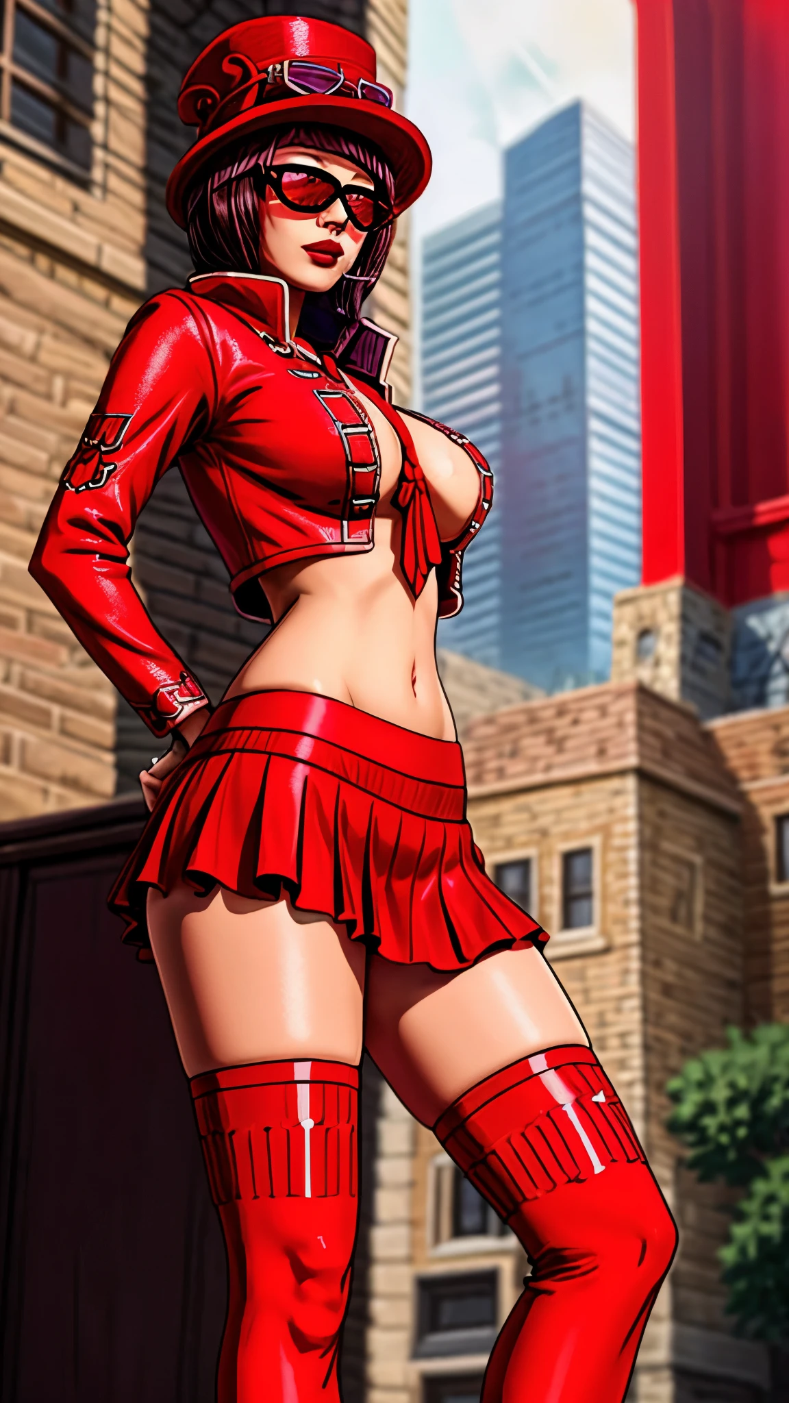 a woman,BeloBetty, sunglasses, hat, red outfit, portrait, medium breasts, thick thighs, small waist, curvy, wearing red mini-skirt, highly detailed hair, detailed clothes, high quality artwork, 12k quality, cinematic light, dynamic light