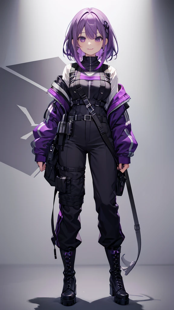 purple hair,girl,1 person,medium hair,Harness,pants,boots,simple background,smile,whole body,full body,standing position,Standing picture,VTuber,front,Eyes on the viewer,視線をfrontに,arm to the side