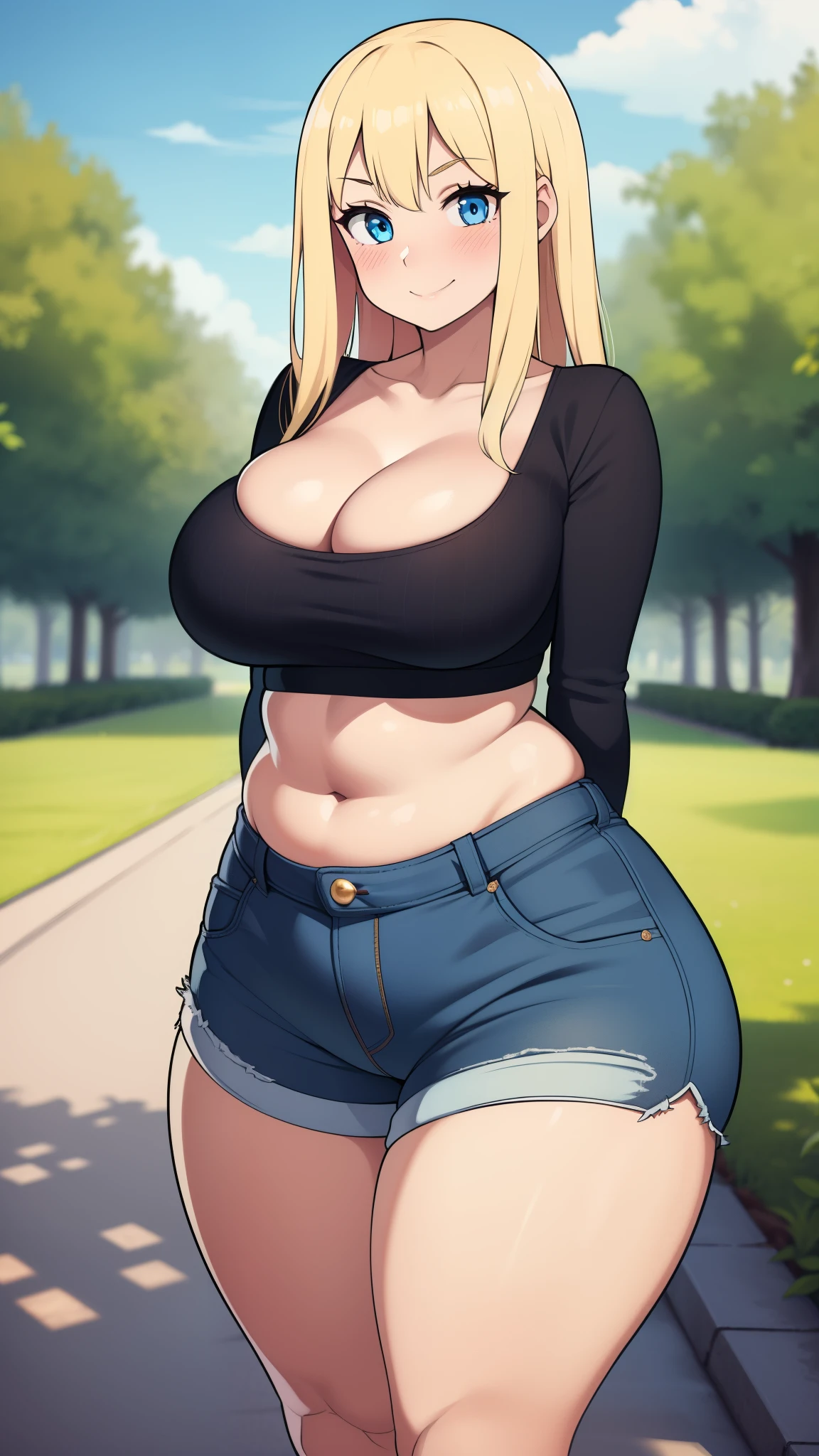 ((highres)), Masterpiece, high quality, best quality, beautiful, perfect lighting, detailed face, ultra cute face, ((1girl)), ((solo), long fluffy blonde hair, blue eyes, ((blush)), seductive smile, looking at viewer, arms behind back, standing in a park, (park), daytime, crop top, shorts, ((thick thighs)), wide hips, cleavage, (large breasts), chubby, 20 year old female,