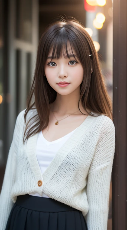 Smile、night、original photo、(((ultimate beauty portrait)))、((glowing skin))、1 girl、Beautiful 15 year old girl from Prague、bright appearance、((brown hair))、(split)、((Big eyes sparkling like gems))、cardigan、open your clothes、pantyhose、Glowing and glowing skin、(Medium long hair)、(silk ponytail)、( standing)、(from below)、under skirt、under skirt、(from below下着の接写)、Eyeliner、beautiful bangs、hair between eyepieces、最high quality、super detailed、Cinema lights、intricate details、High resolution、Very detailed))、Detailed background、8KUHD、digital SLR camera、soft light、high quality、film grain、Fuji XT3 、Shallow depth of field、natural soft light、Kamimei、bust very small