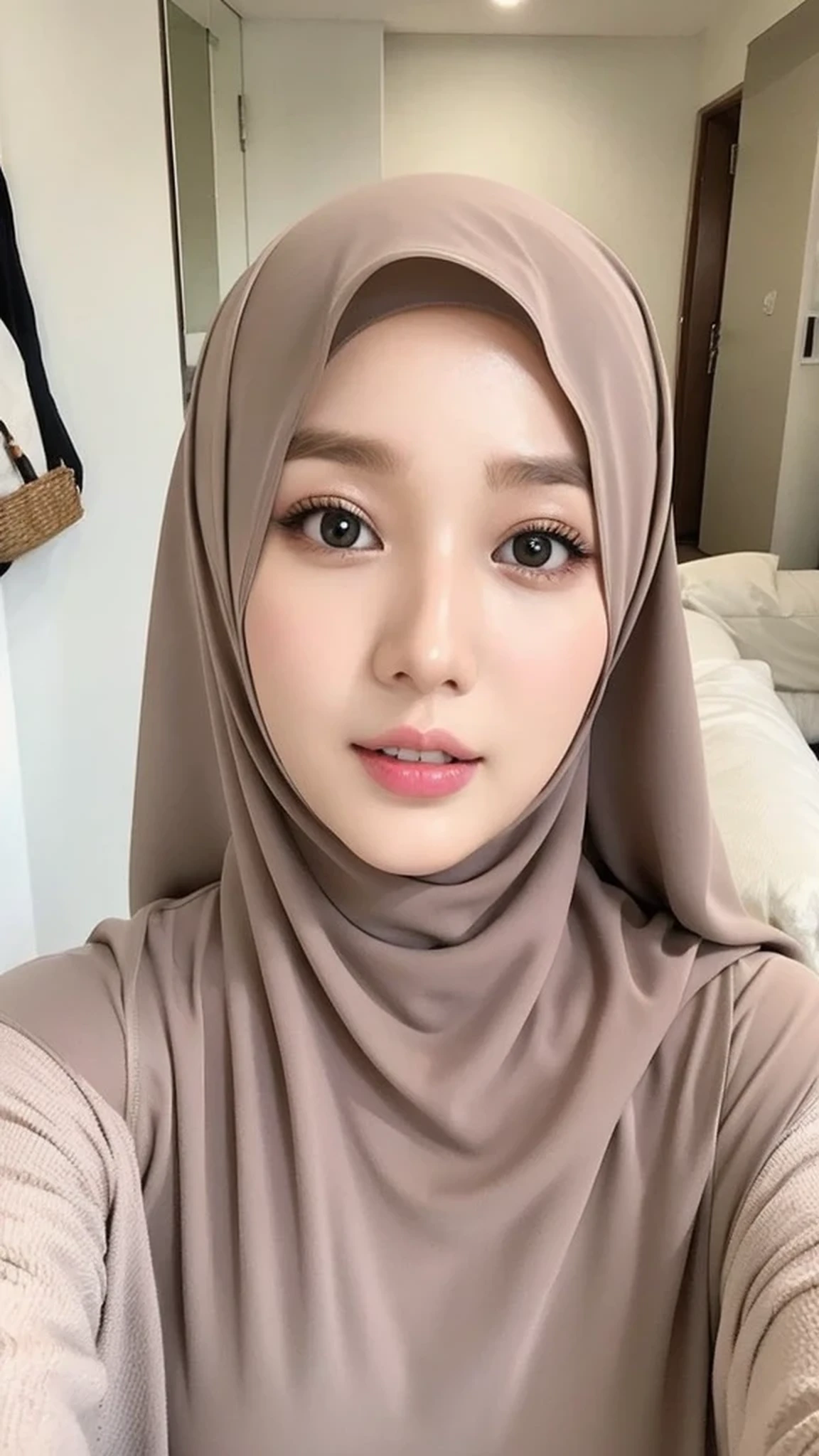 Beautuful Women、hijab, indonesian, realistic, ultra detailed face, 8K, a room、selfee、White Room、The face is cute、Vanrak Ayyans appears. beautiful、alone