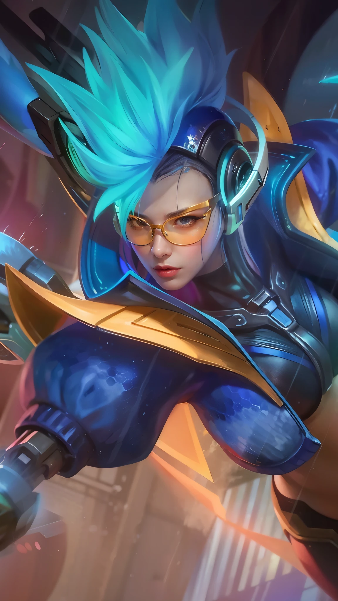 a close up of a person with a blue hair and a helmet with glasses, extremely detailed artgerm, artgerm detailed, artgerm lau, graphic artist artgerm, qiyana, senna from league of legends, artgerm. high detail, kda, style artgerm, artgerm jsc, trending artgerm, artgerm style, 8k, ultra hd, ultra detailed texture, hyper realistic, masterpiece, detailed texture, detailed face, detailed skin, detailed lighting, (photorealistic:1.5), best quality, beautiful lighting, cinematic lighting, professional lighting, ultra highres, realistic, detailed hair, real hair, high quality, (realskin:1.5), extremely detailed, finely detail, ultra-detailed
