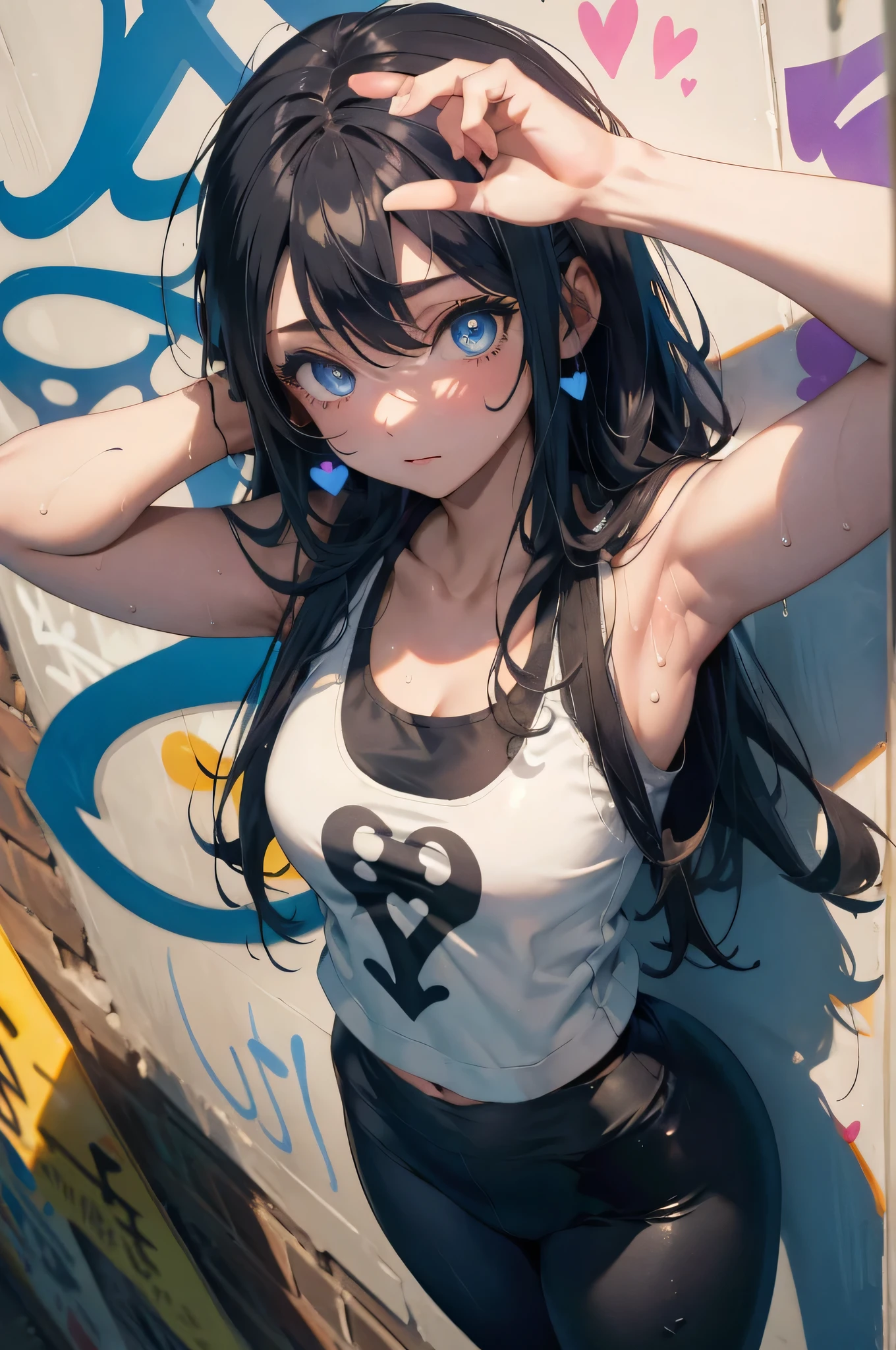 (masterpiece:1.2、top-quality)、(graffiti wall:1.2)、1lady、Beanie、jaket、leggins、blue eyess、full body Esbian、yogapose、,Single 1 Girl,I'm embarrassed to look away,with a good figure,sport tank top,black yoga pants, sweat leggs ,Heart of Love,yogapose,Pigeon pose,Ekapadakapotasana,