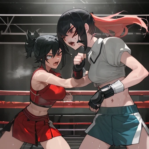 uppercut, punch, punch, punch. life or death struggle. survival battle. dynamic exciting action in the octagon ring. whole body picture. two bloody beautiful Japanese high school student girl fighters are looking at each eyes. they are beating each other so hard. They are banging their punches against their opponents. Blood is dripping from their nose. they are covered in scars and bruises. they are damaged terribry. Short-cut black hair, out of breath, drooling from mouth, one eye closed, exhausted, drenched in sweat. Erect nipples. open finger glove. naked, high-leg panty. Stockings. armcovers. Excellent proportion body. small bresats